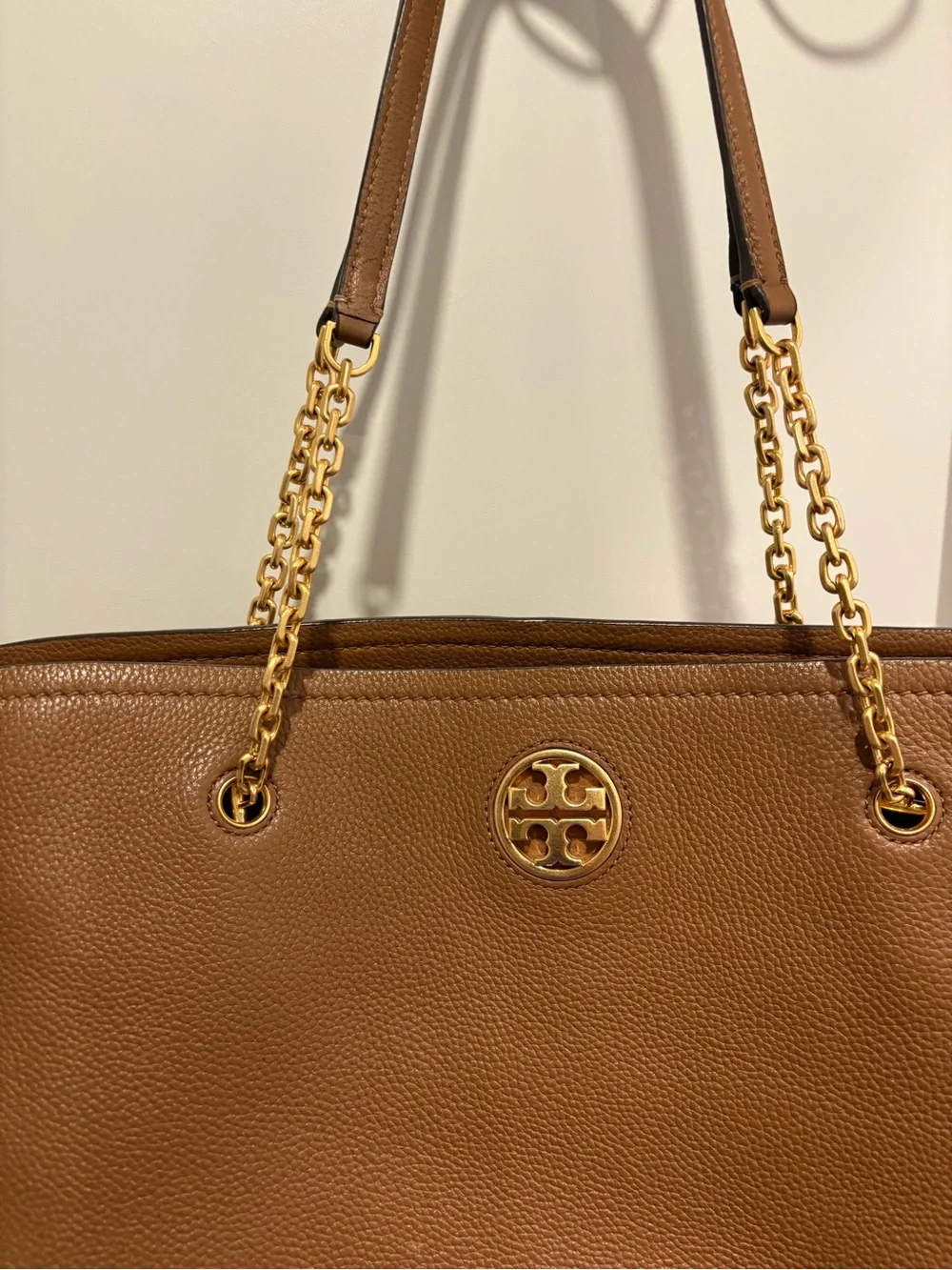 Tory Burch Tan Pebbled Leather Tote with Gold Chain Straps